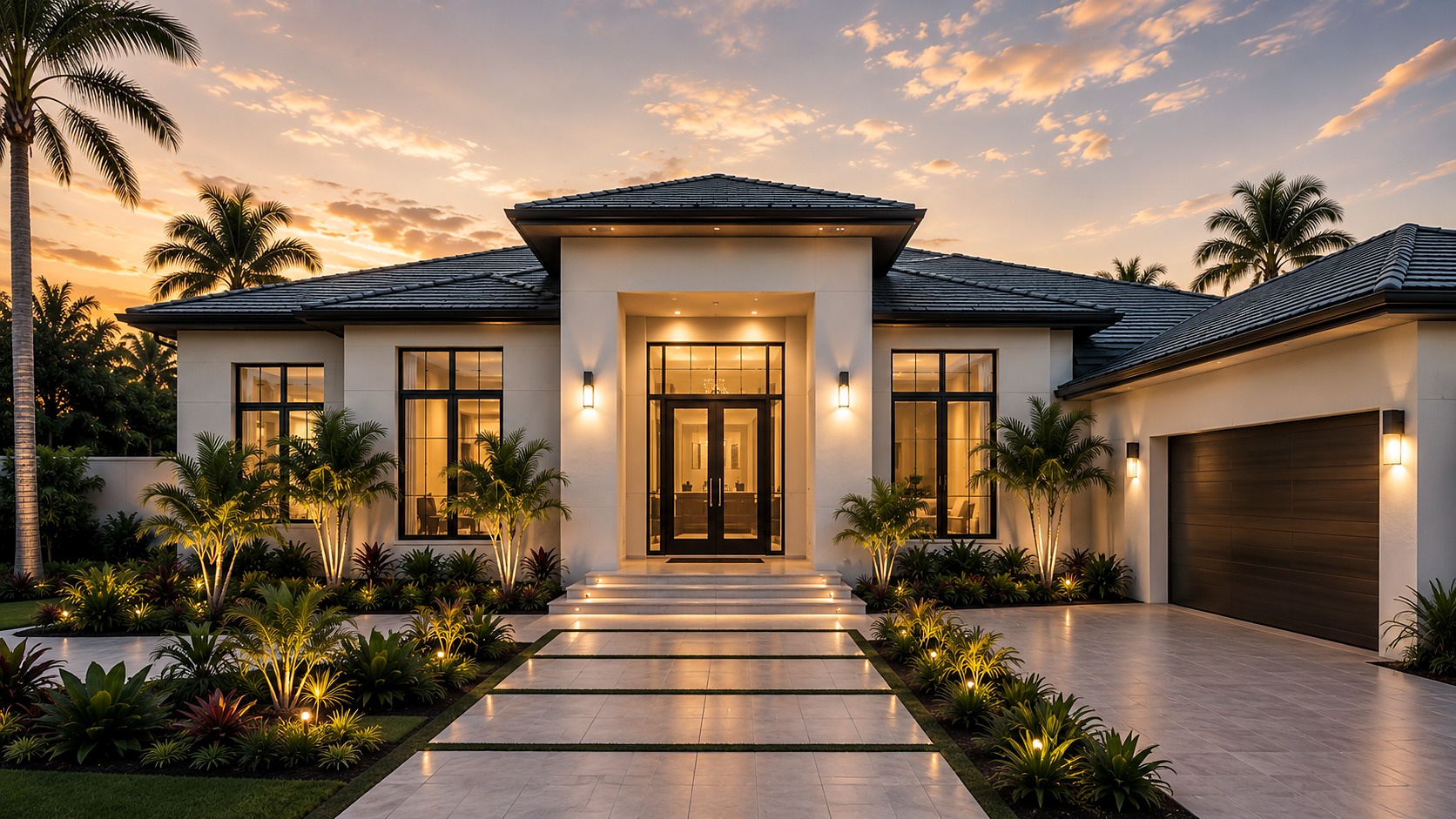 Custom-built home exterior at dusk, with a lit entry and mature landscaping.