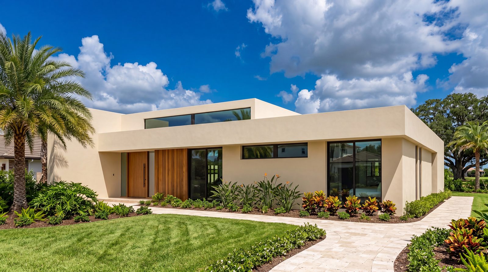 A single-story Florida home with light stucco walls, black-framed windows, a wood entry door and a landscaped front lawn under a blue sky.