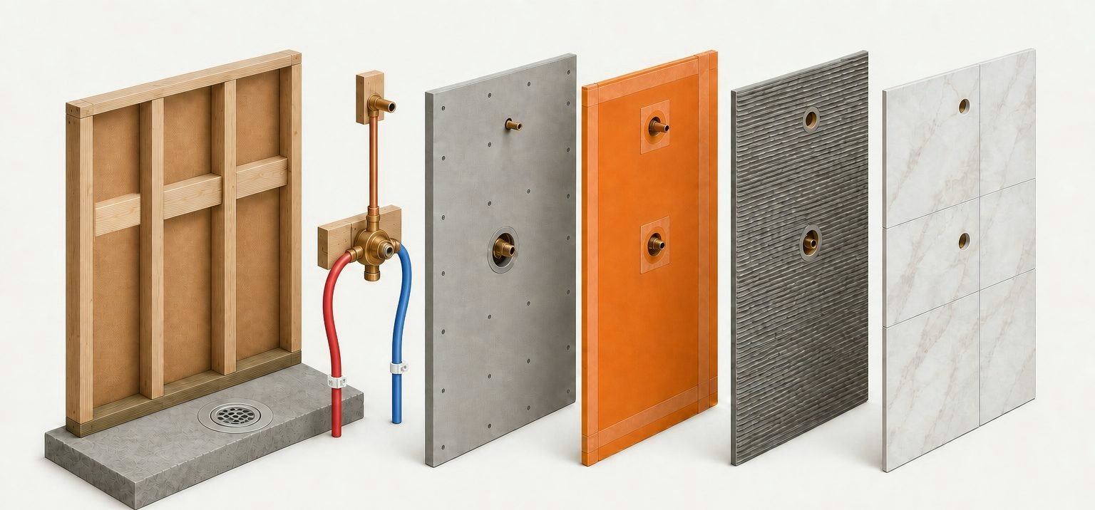 Exploded view of a shower wall: the framed stud bay with the mixing valve, red and blue PEX supply lines and a copper riser, then cement backer board, orange waterproofing membrane, combed thinset and large-format marble tile.