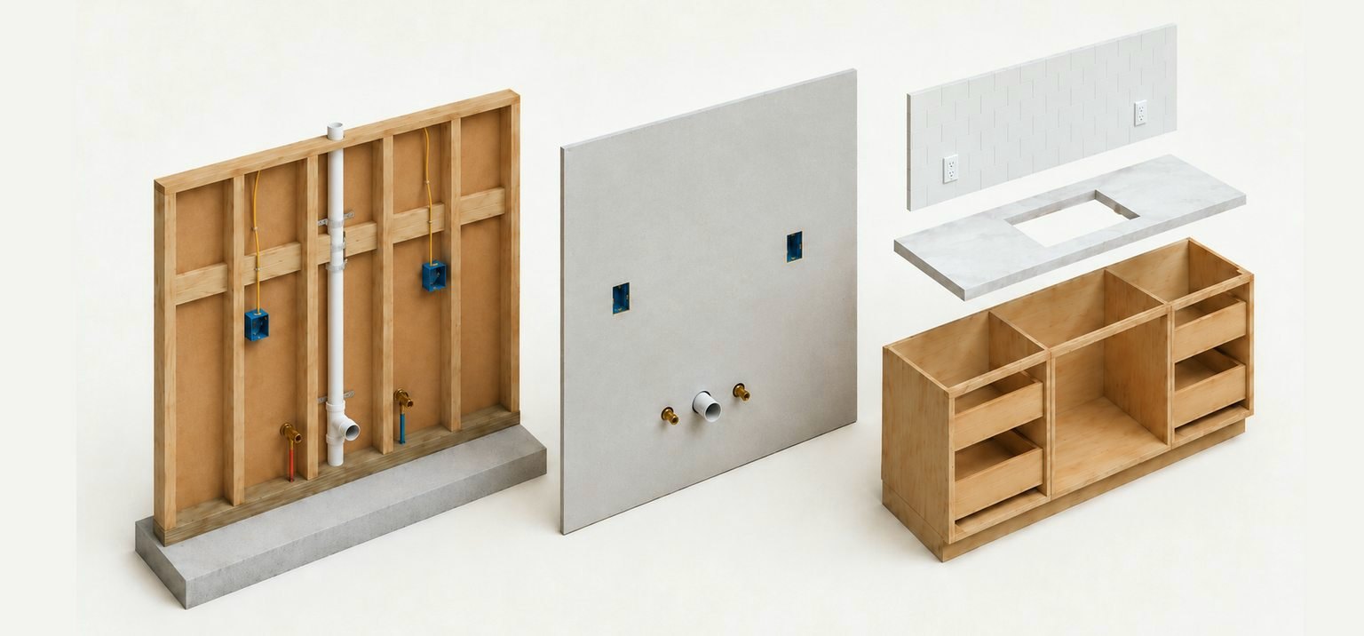 Exploded kitchen run: subfloor and framing, coordinated plumbing and electrical rough-in, cabinet carcasses, a templated stone countertop and tiled backsplash — keyed as subfloor and framing, rough-in, cabinetry, countertop and finish.