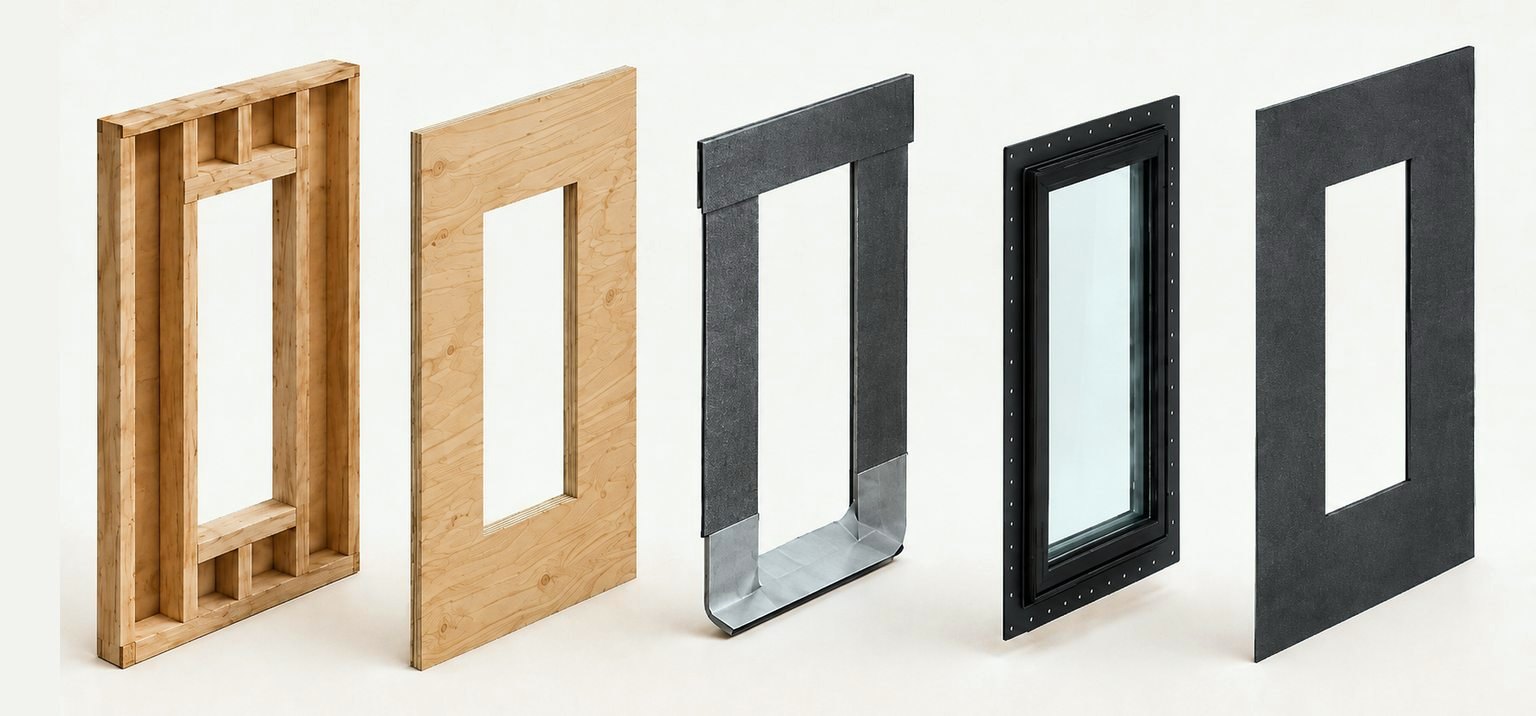 Exploded window opening: a braced rough opening, structural plywood, self-adhered membrane wrapping the sill jambs and head, the impact-rated unit with its nailing fin, and the house wrap that goes on last.