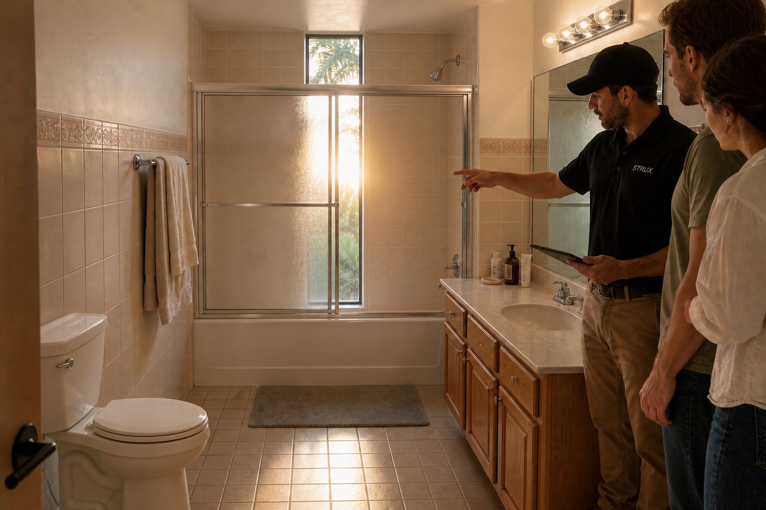 STRUX project lead with homeowners in their dated bathroom, pointing out the tiled tub surround during a free in-home assessment.