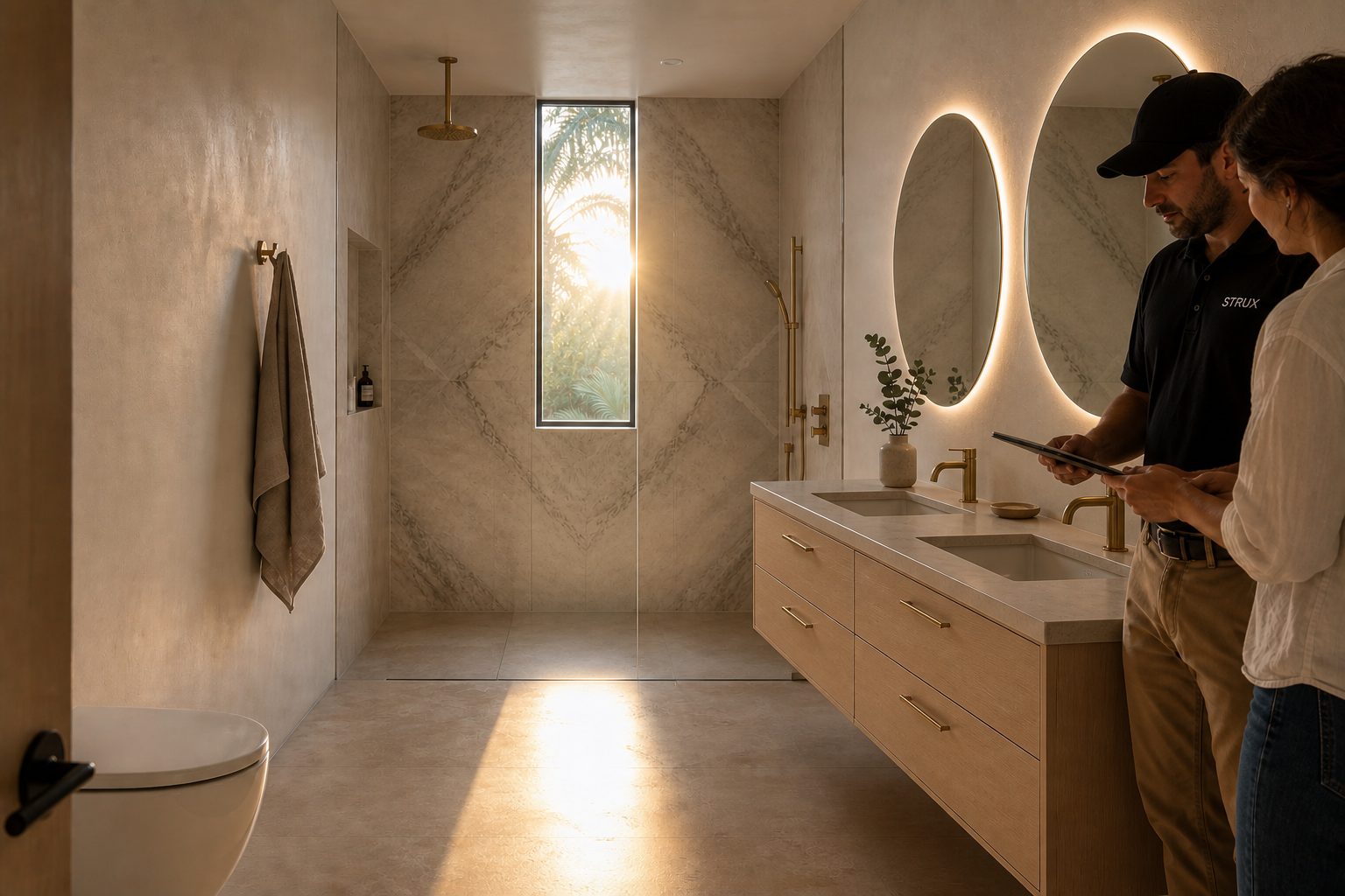 Finished bathroom with a stone-lined walk-in shower, floating oak double vanity and brass fittings.