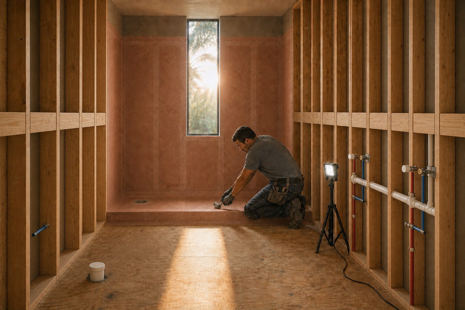 Bathroom stripped to framing, with the shower pan and walls covered in sheet waterproofing membrane before any tile.