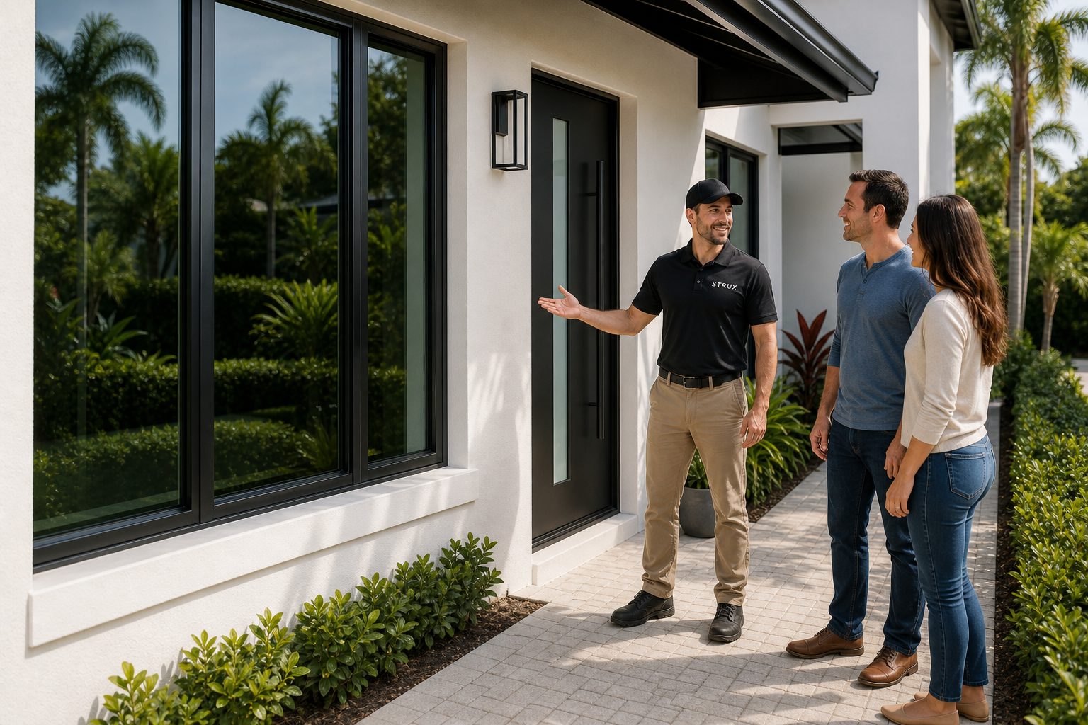 Homeowners with the STRUX project lead at their new black-framed impact windows after installation.