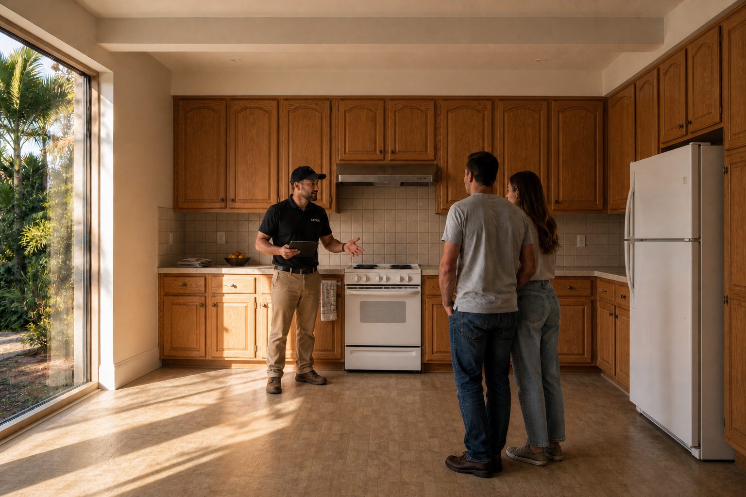 STRUX project lead with homeowners in their dated oak kitchen during a free in-home assessment.