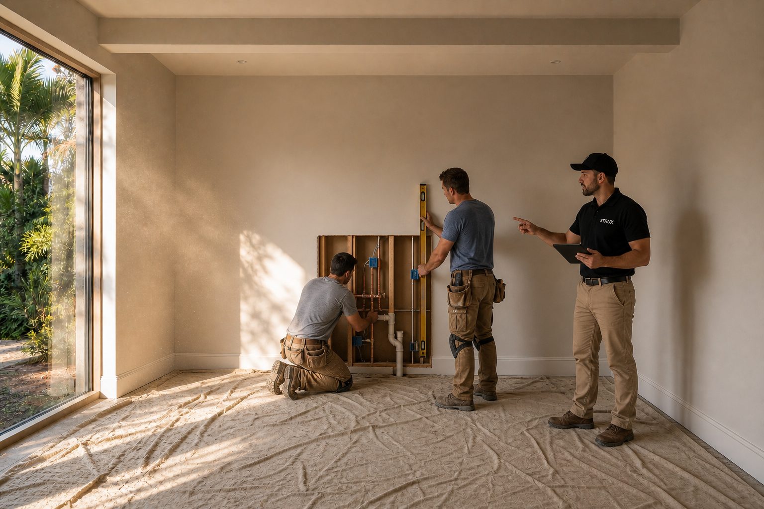 Two tradesmen setting relocated plumbing and electrical in an opened kitchen wall while the STRUX project lead checks the work.