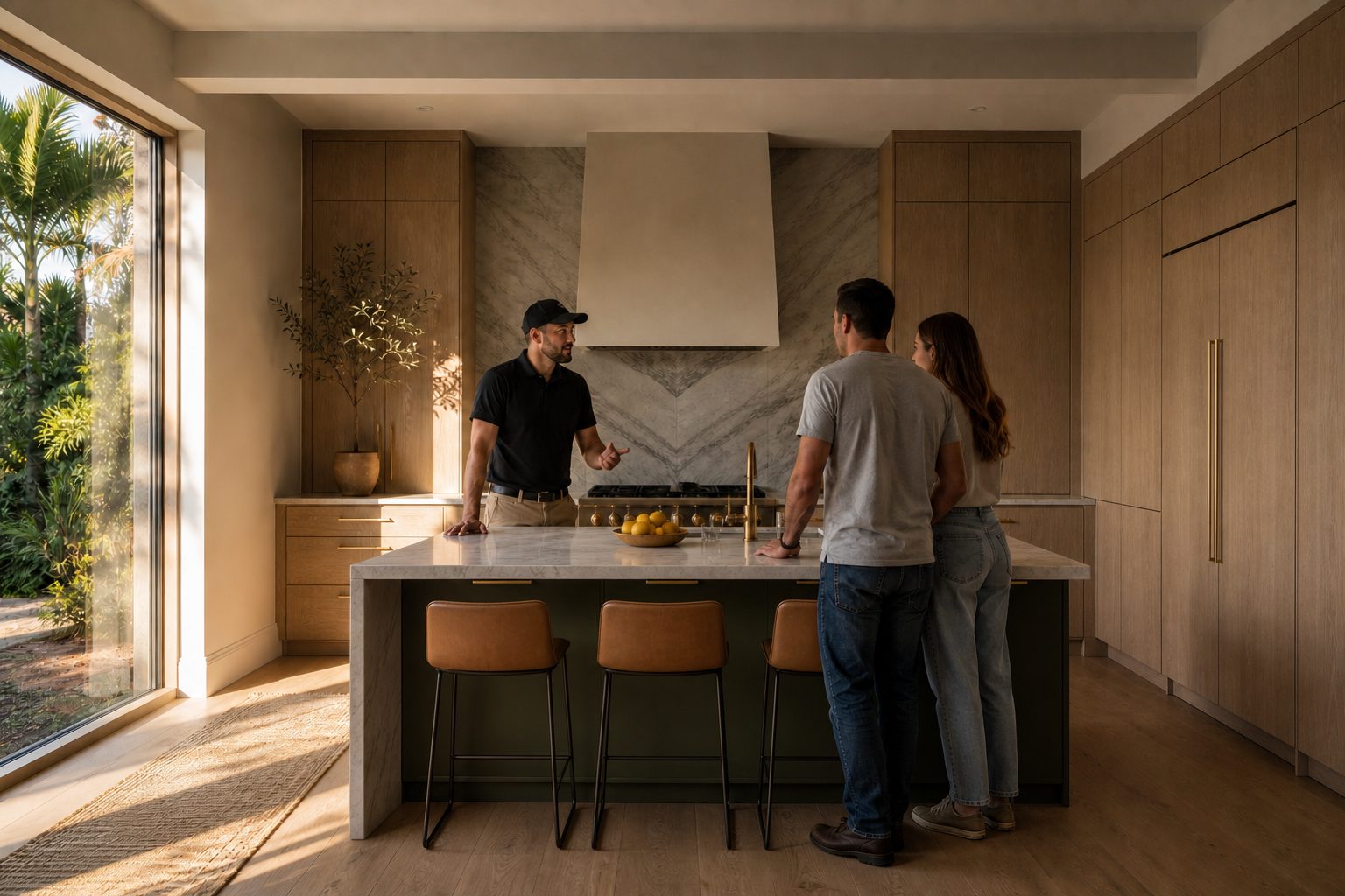 Finished kitchen with white oak cabinetry, a marble slab wall, olive island and bar seating, handed over to the homeowners.