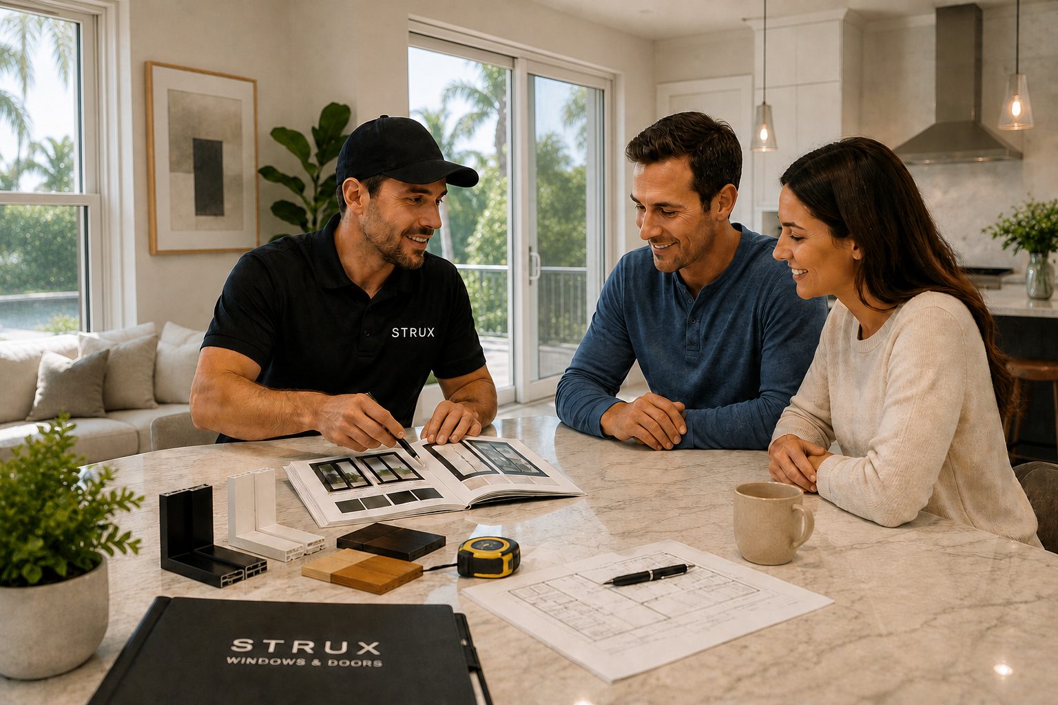 STRUX project lead going through frame samples and a product catalogue with homeowners at their kitchen island.