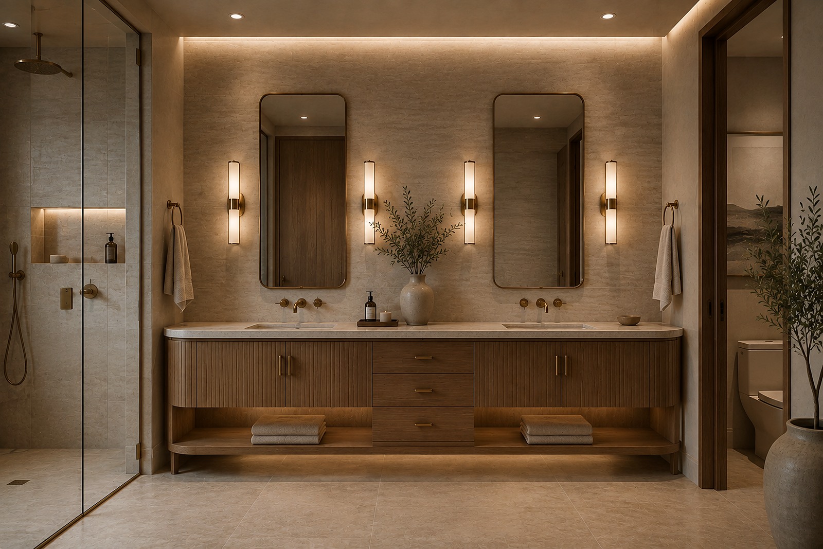 Double vanity bathroom with two mirrors, sconce lighting, and a fluted wood cabinet.