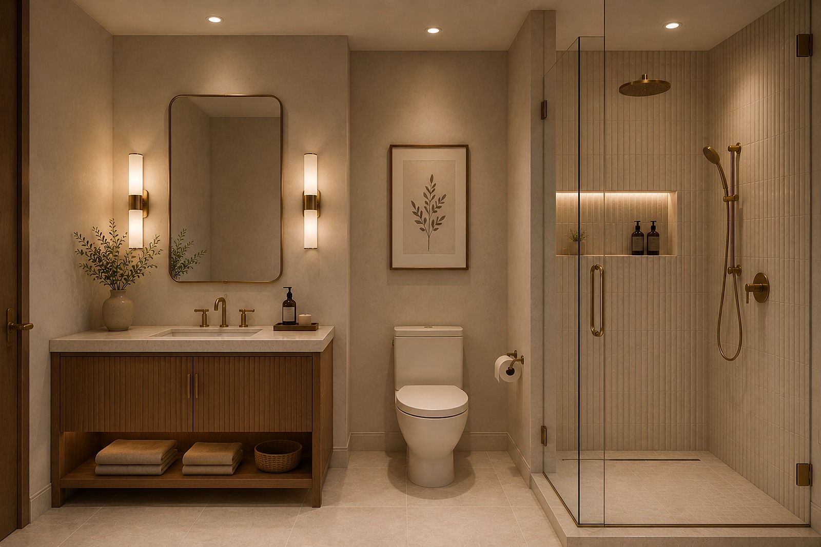 Guest bathroom with a single vanity, framed mirror, and glass shower.