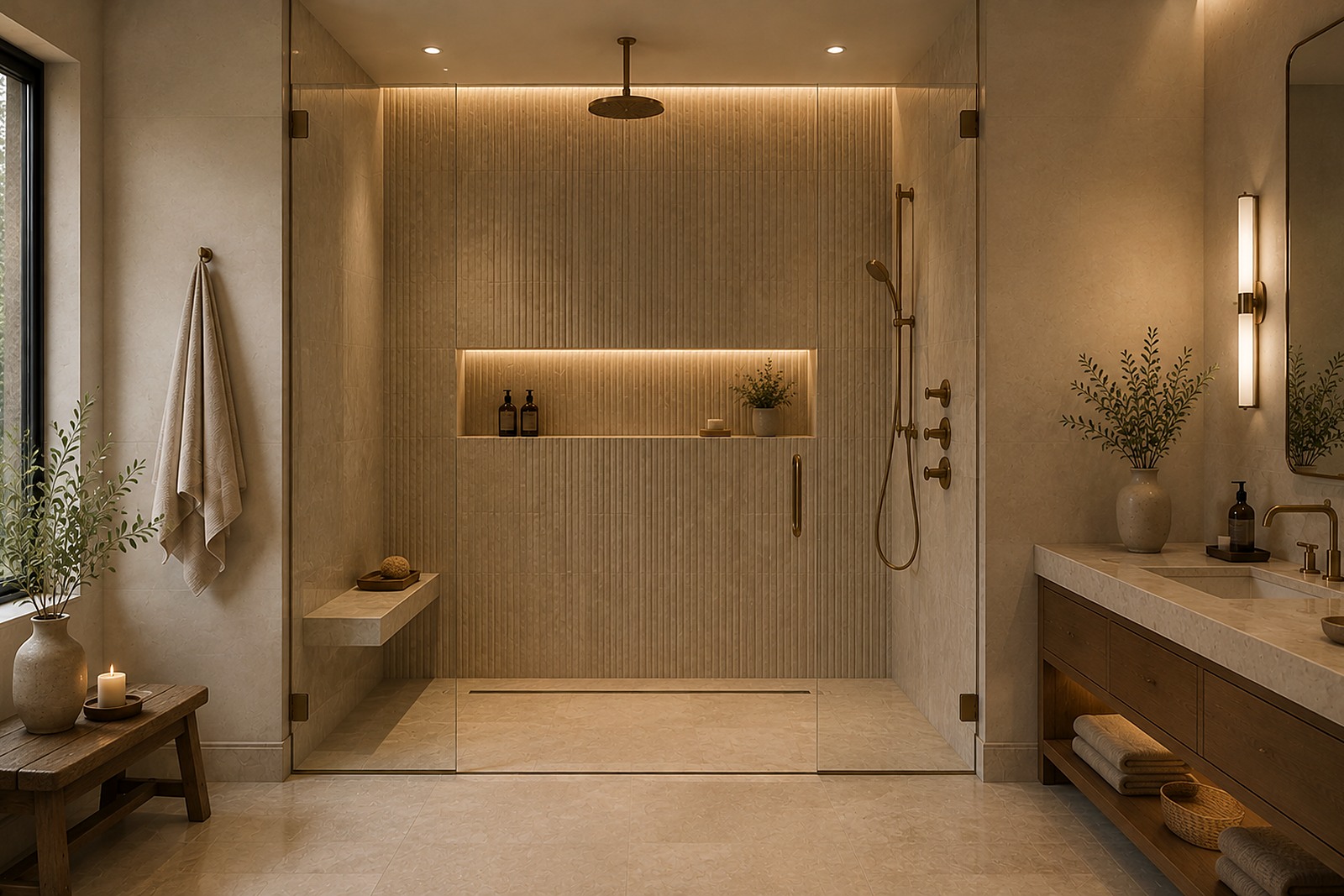 Curbless glass shower with a rainfall head and fluted large-format tile.