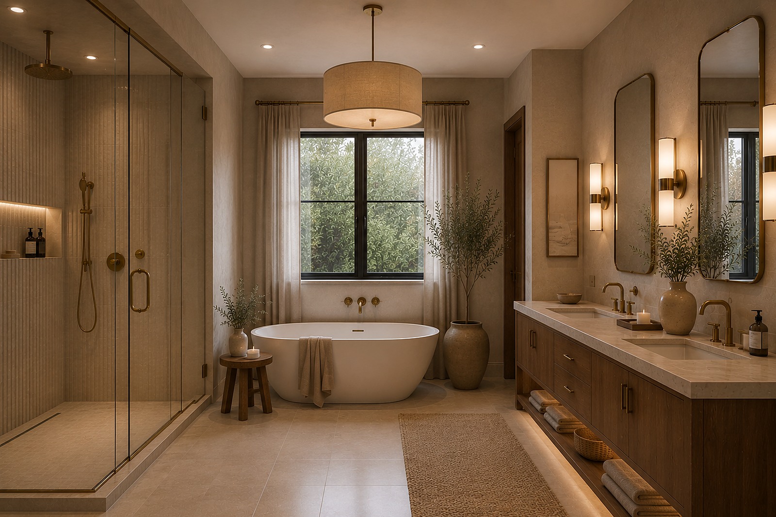 Primary suite bathroom with a freestanding tub, glass shower, and double vanity in one connected space.