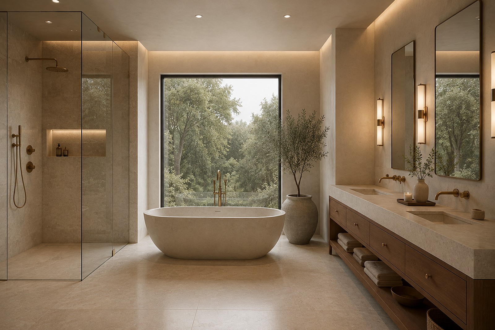 Spa bathroom with a freestanding stone tub, glass-enclosed shower, and a picture window.