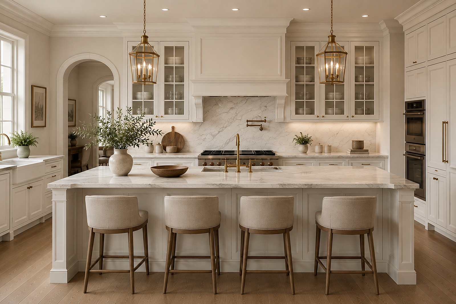Classic white kitchen with shaker cabinetry, brass hardware, and marble countertops.