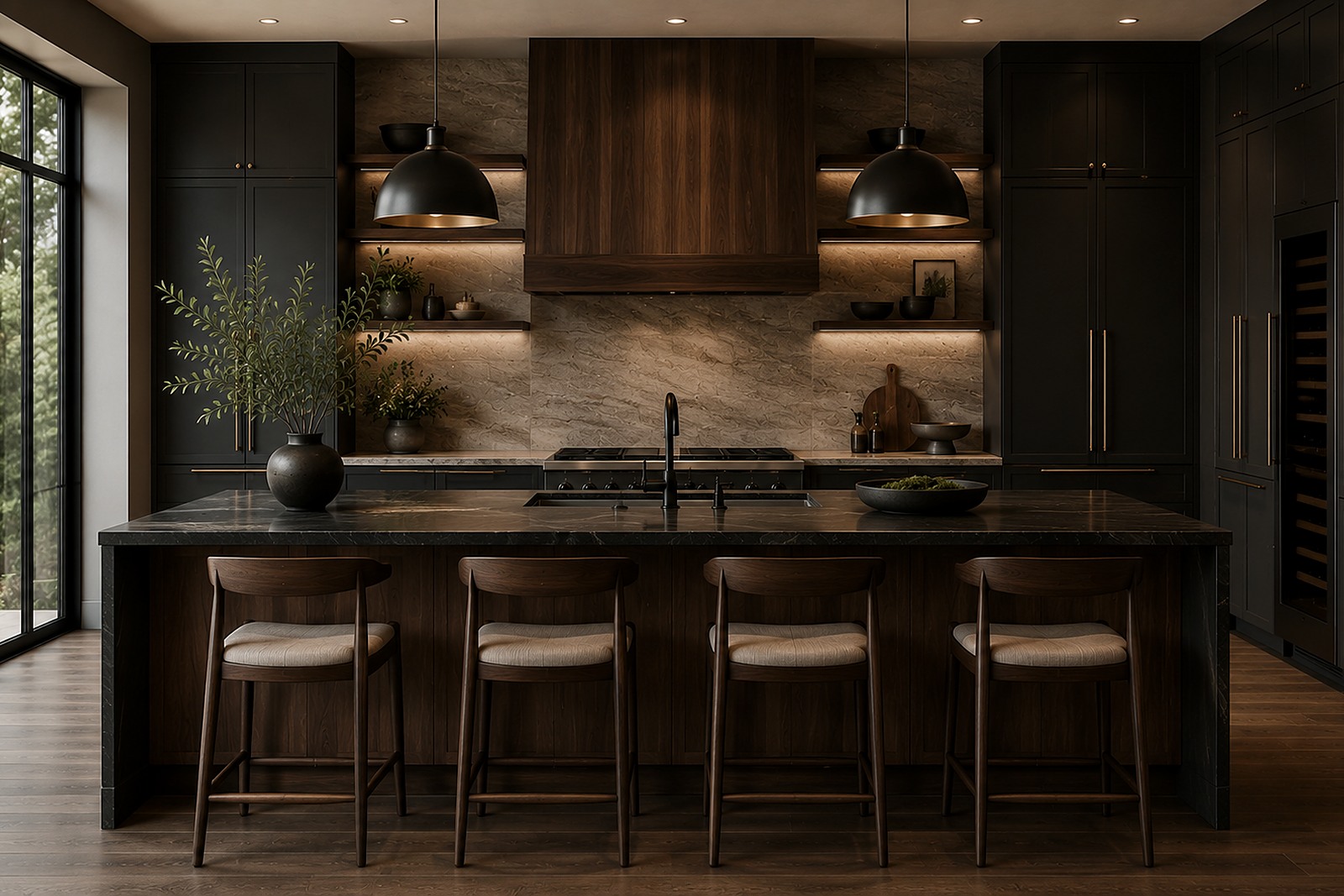 Dark contemporary kitchen with black cabinetry, walnut hood, and a waterfall island.