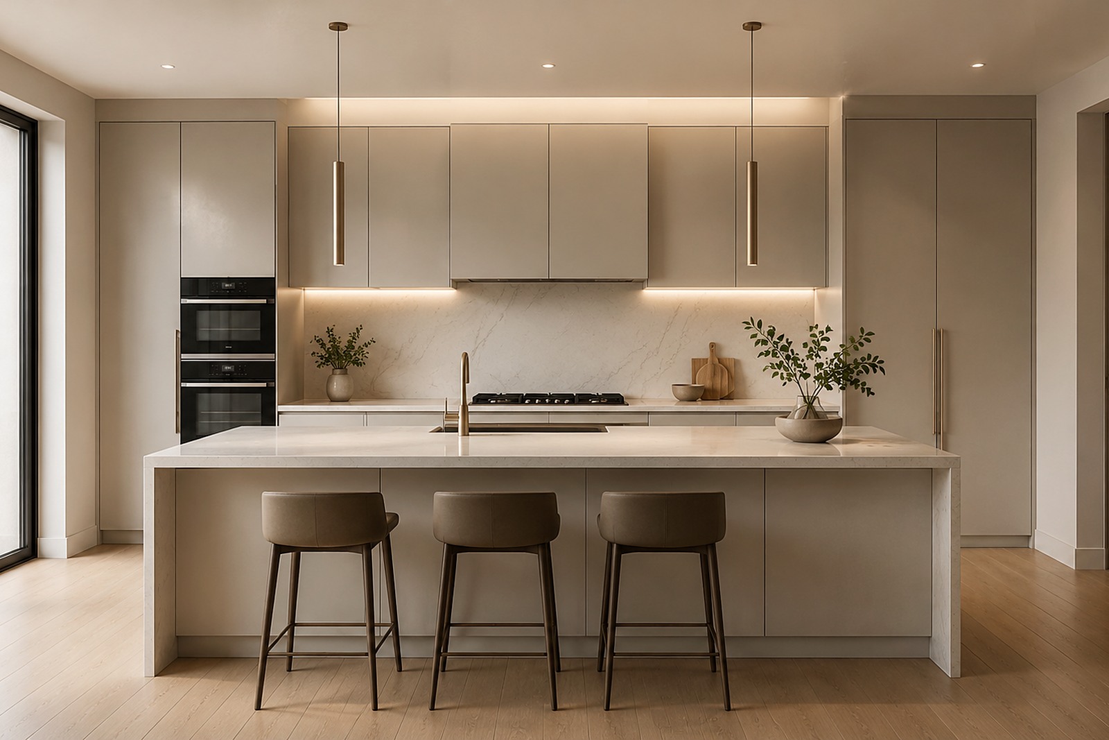 Modern kitchen with flat-panel cabinetry, marble backsplash, and a waterfall-edge island.