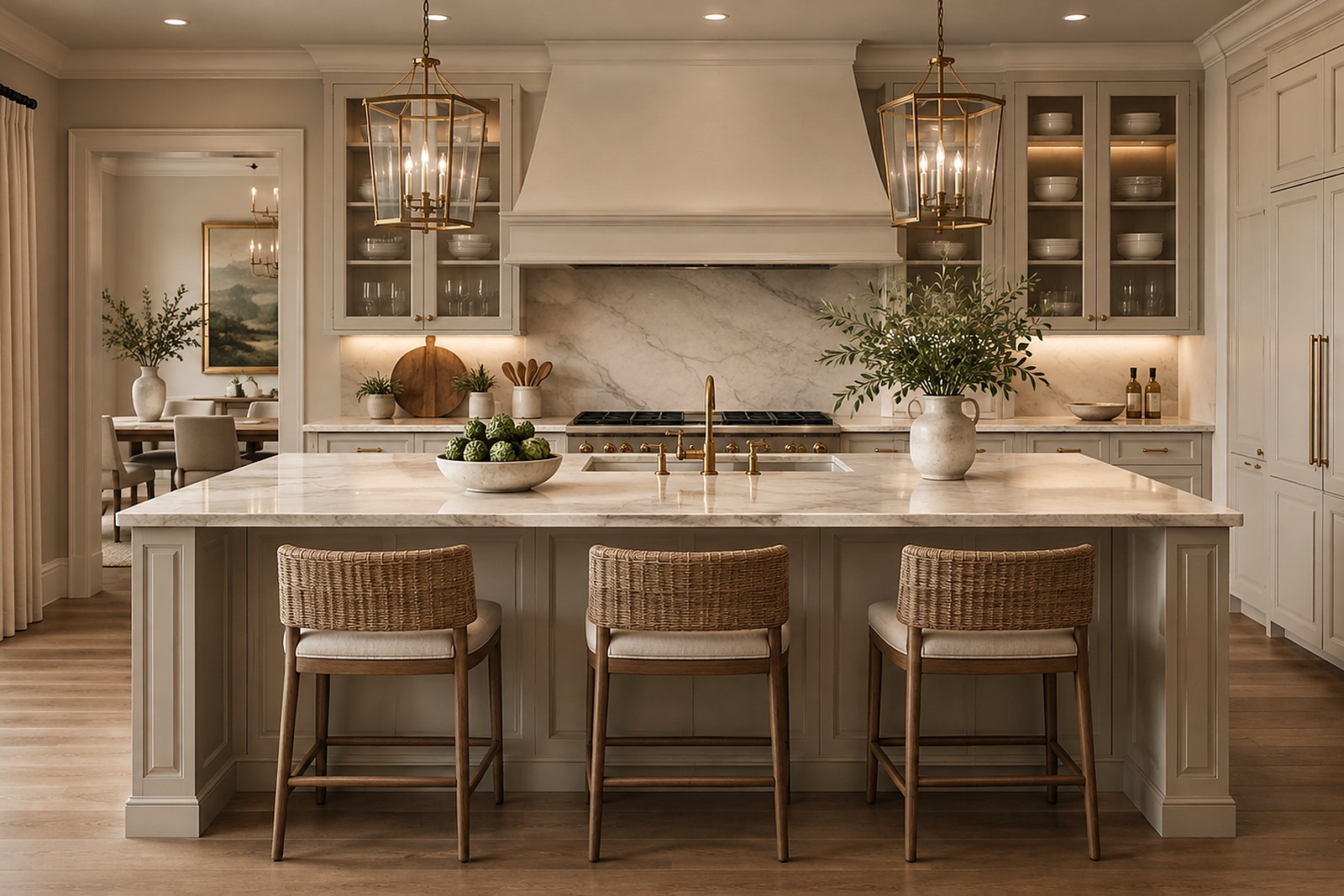 Transitional kitchen with shaker cabinetry, lantern pendant lights, and a marble island.