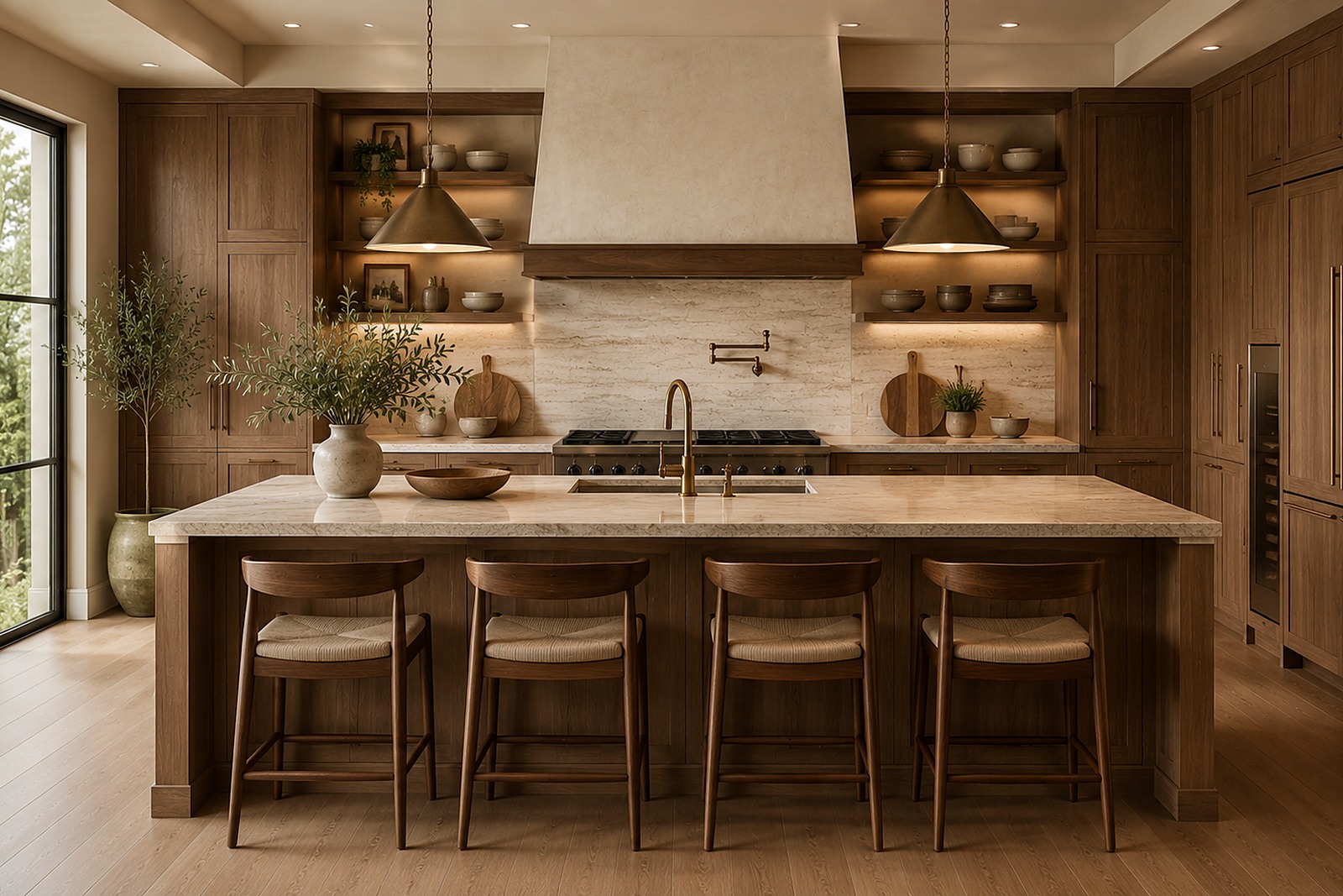 Warm wood kitchen with open shelving, stone backsplash, and a large wood island.