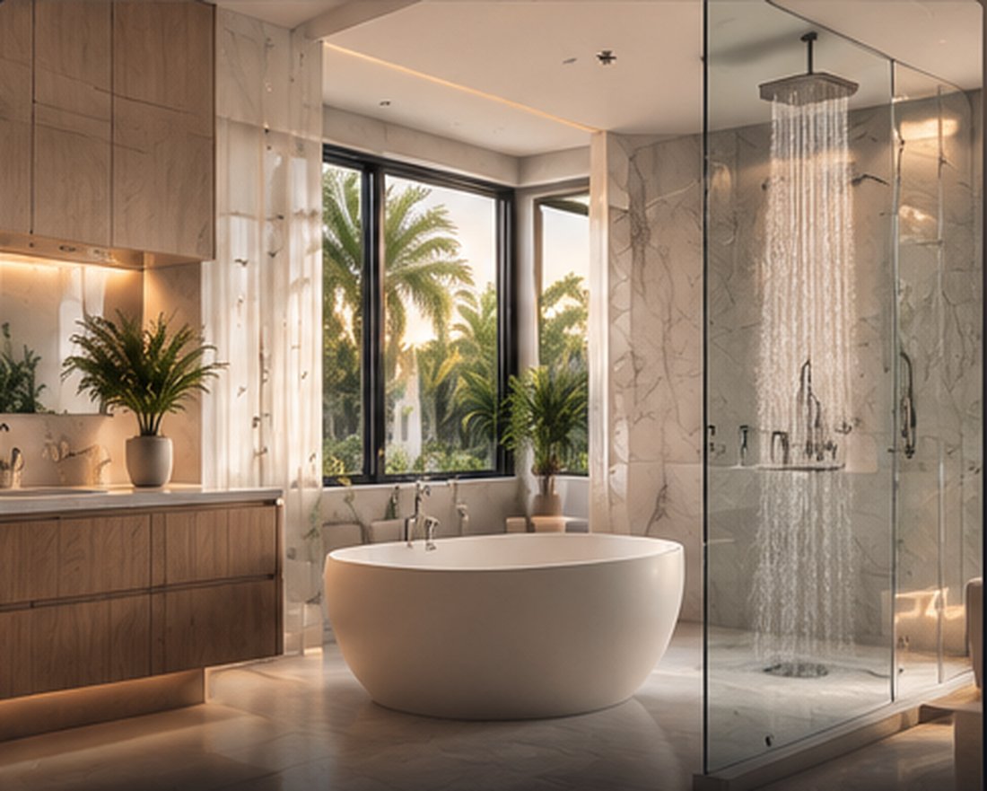 Marble bathroom with freestanding tub and glass shower.
