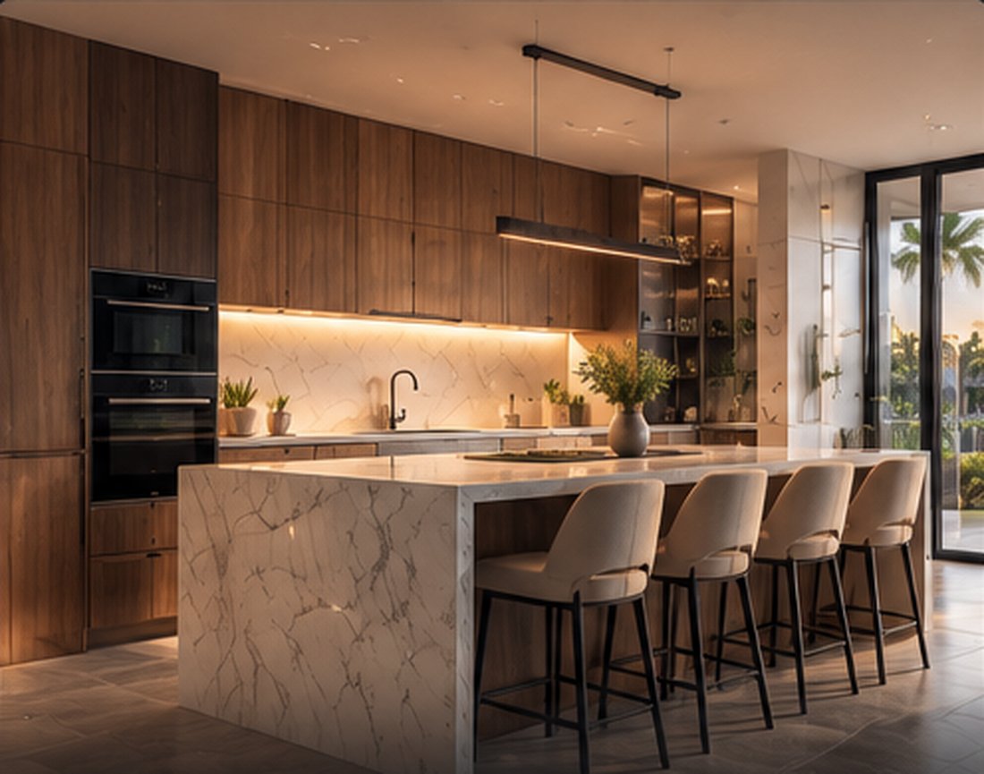 Marble kitchen island in a remodeled kitchen.