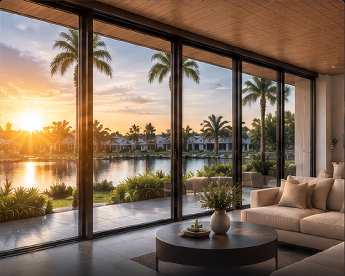 Impact-rated window installation with a palm-tree view.