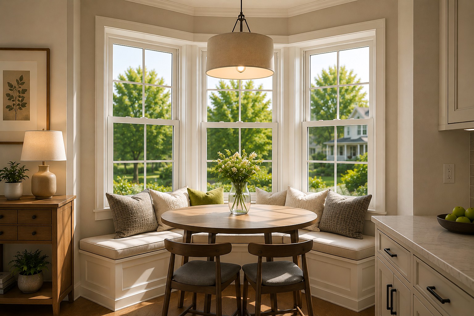 Bay window seating nook with three angled panes overlooking a garden.