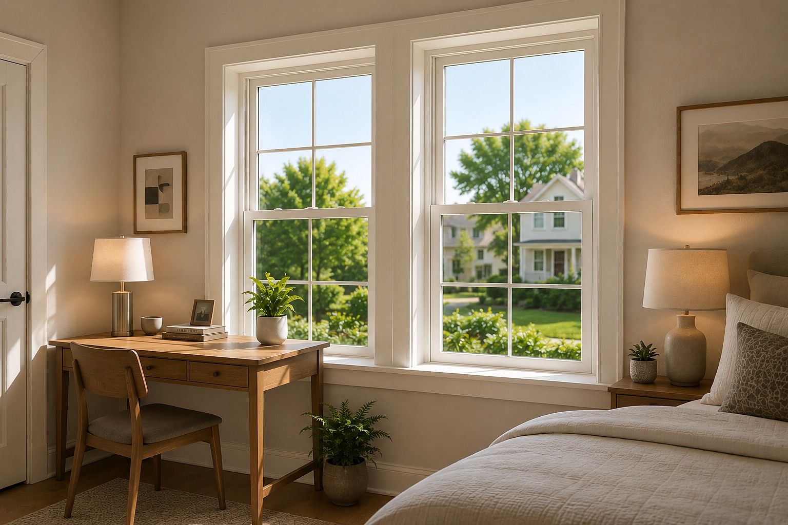Double-hung windows in a bright bedroom, sashes divided top and bottom.