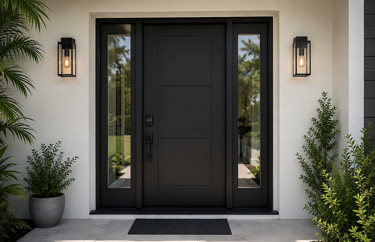 Modern entry door with glass sidelights, flanked by wall sconces.