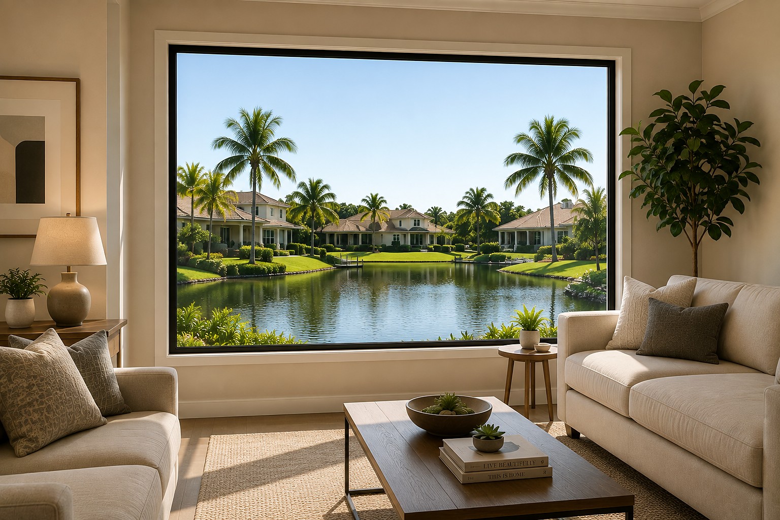Large fixed picture window framing a lake and palm-lined shoreline.