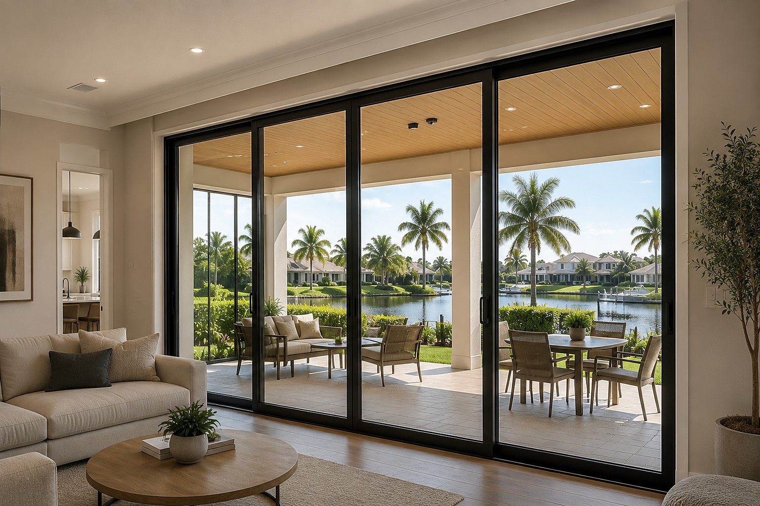 Wide multi-panel sliding glass door opening onto a covered lanai with a water view.