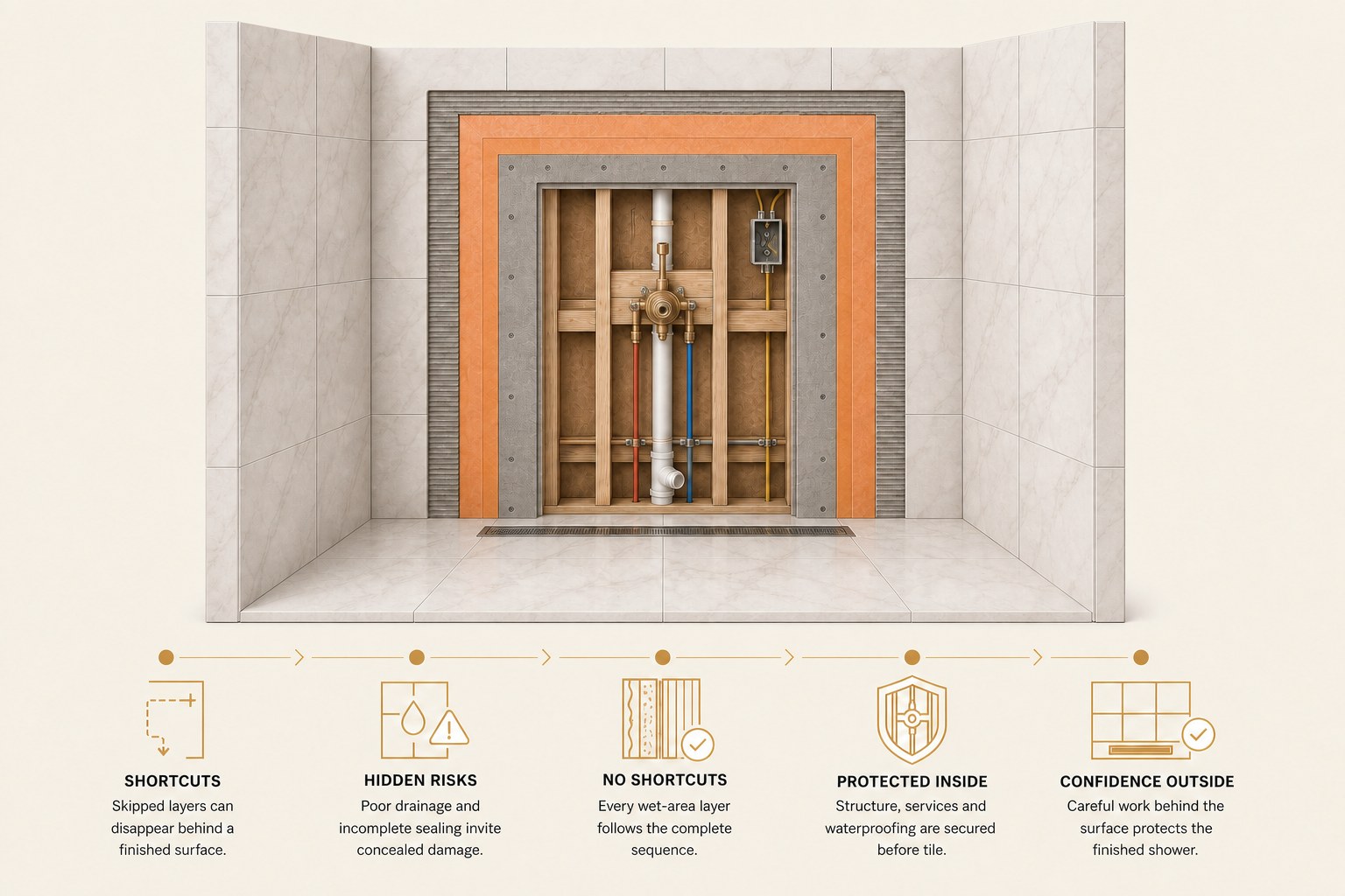 A shower alcove peeled back in layers to show framing, blocking, drain, supply lines and mixing valve, then backer board, waterproofing membrane and thinset behind the finished tile.