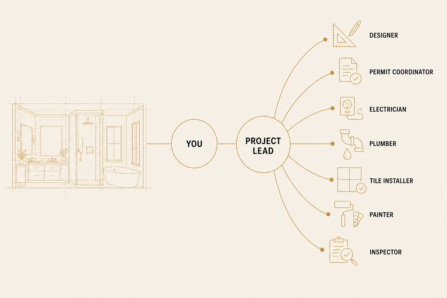 Diagram: the homeowner connects to a single STRUX project lead, who coordinates the designer, permit coordinator, electrician, plumber, tile installer, painter and inspector.