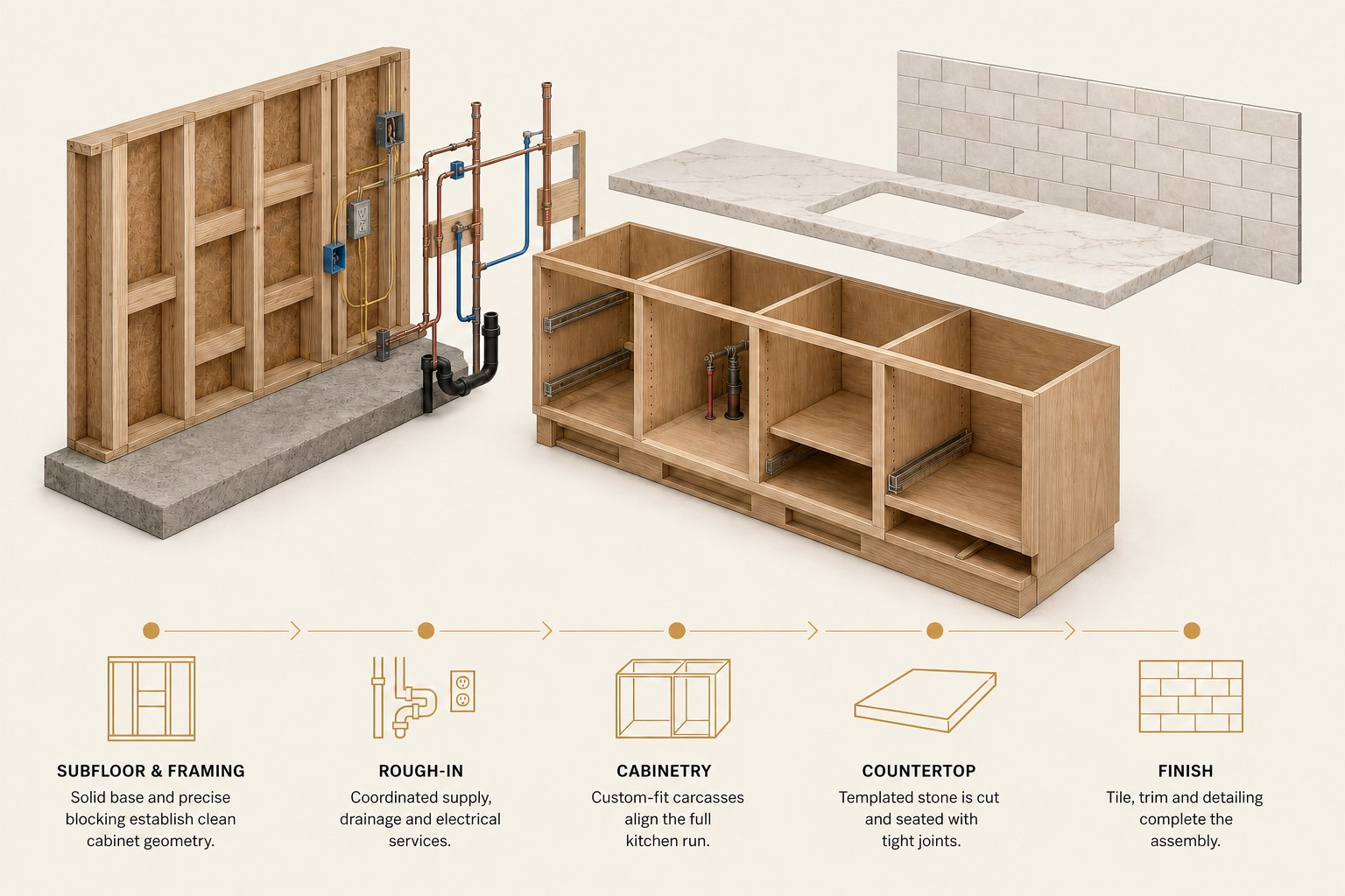 Exploded kitchen run: subfloor and framing, coordinated plumbing and electrical rough-in, cabinet carcasses, a templated stone countertop and tiled backsplash — keyed as subfloor and framing, rough-in, cabinetry, countertop and finish.