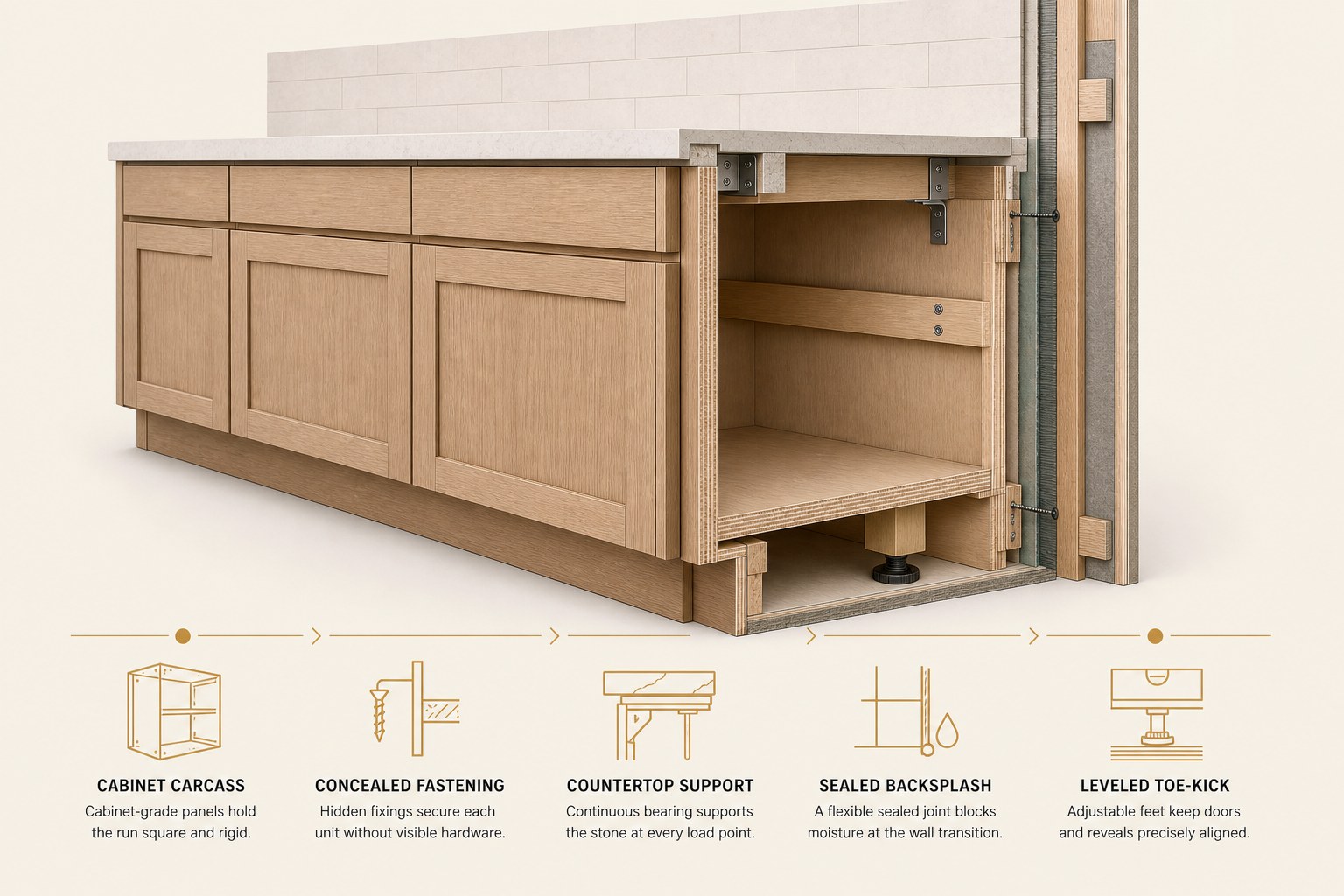 Cutaway through a finished kitchen run — carcass panels, concealed fixings, countertop bearing, the sealed backsplash joint and adjustable levelling feet — keyed as cabinet carcass, concealed fastening, countertop support, sealed backsplash and leveled toe-kick.