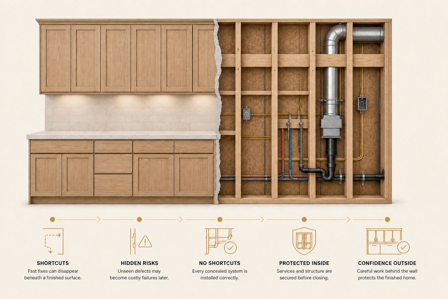 A kitchen wall half finished and half opened up, showing the ductwork, supply and drain lines, wiring and blocking that sit behind the cabinets before anything is closed in.