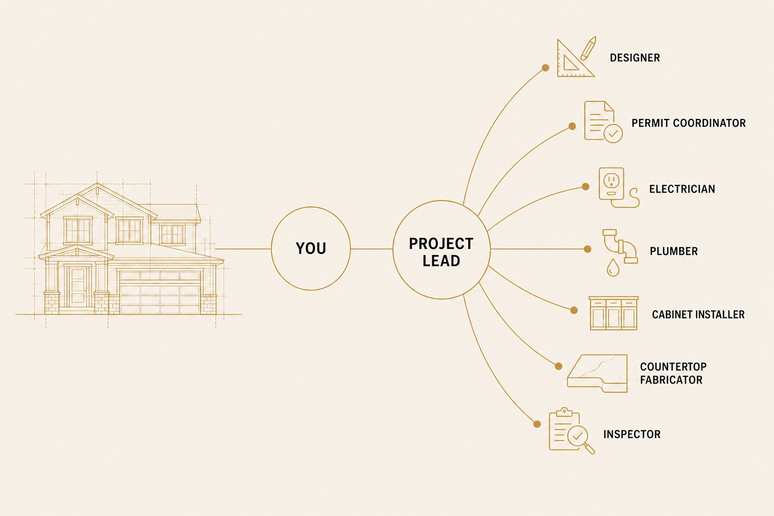 Diagram: the homeowner connects to a single STRUX project lead, who coordinates the designer, permit coordinator, electrician, plumber, cabinet installer, countertop fabricator and inspector.