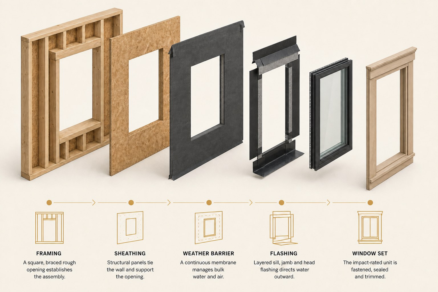 Exploded window opening: braced rough framing, structural sheathing, a continuous weather barrier, layered sill, jamb and head flashing, then the impact-rated unit and exterior trim.