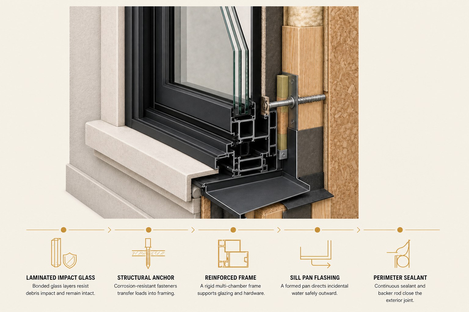 Cutaway through an installed impact window — laminated glass build-up, structural anchor into framing, multi-chamber frame, formed sill pan and sealant joint — keyed as laminated impact glass, structural anchor, reinforced frame, sill pan flashing and perimeter sealant.