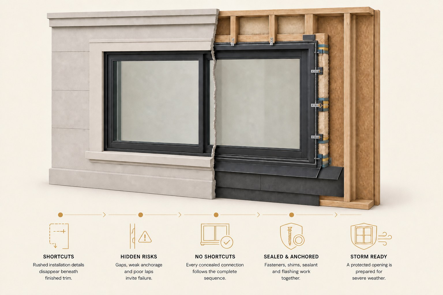 A wall opened at a window to show correct structural anchoring, shimming, insulation and continuous perimeter sealing behind the finished trim.