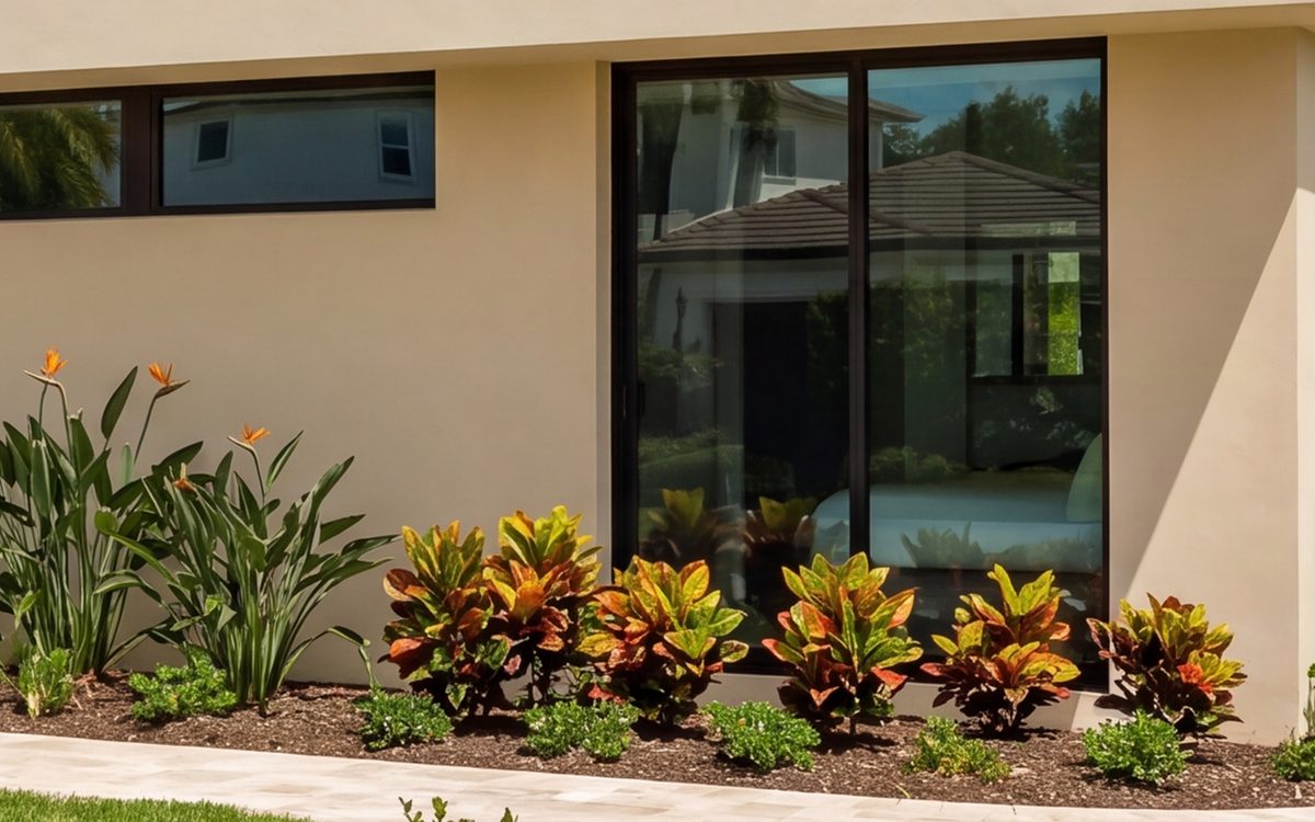 Black-framed windows and a sliding glass door set in a light stucco wall, with tropical planting below.