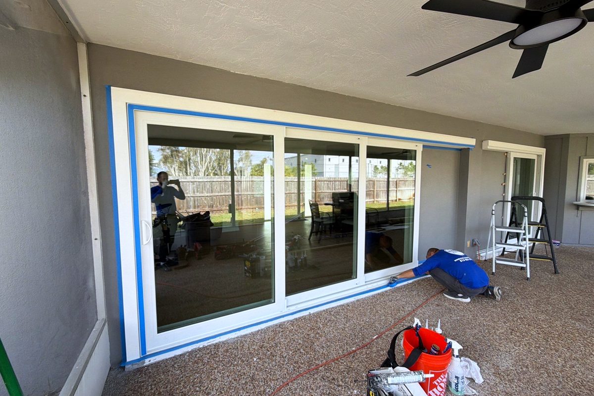 A four-panel impact slider newly set in its opening, the frame masked with blue tape and an installer kneeling at the sill running sealant.